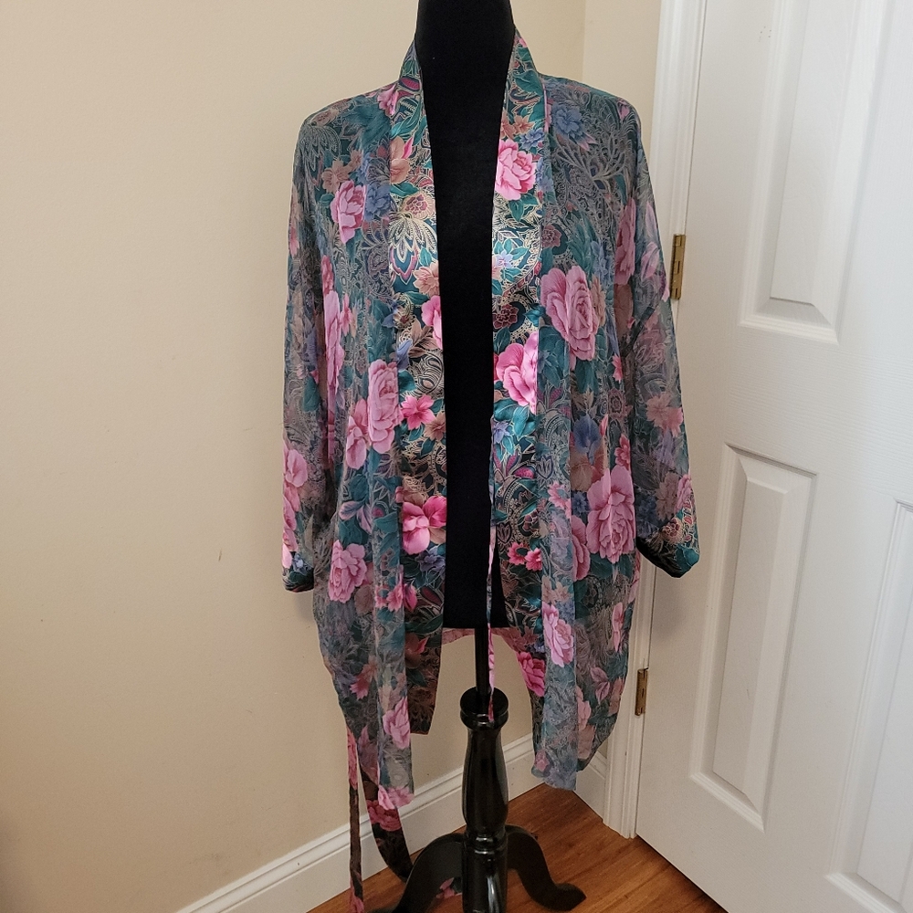 Victoria's Secret Gold Label Vintage Sheer and Satin Green Pink Floral Robe OS - Picture 5 of 9